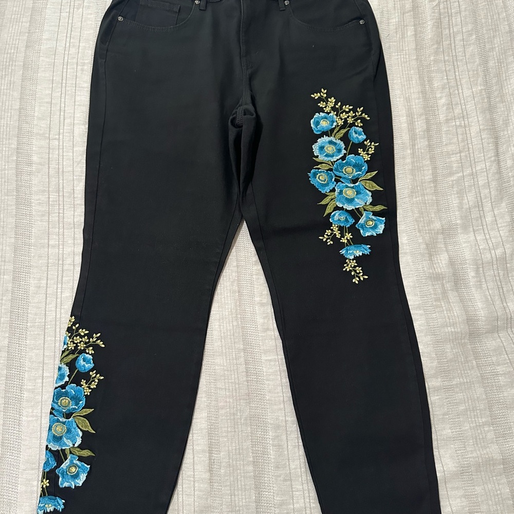 Black Pants with Blue Floral Embroidery